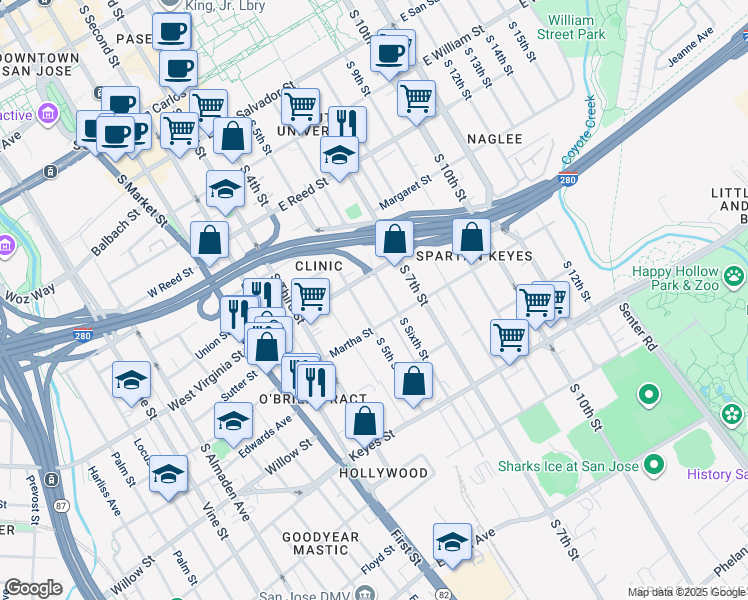 map of restaurants, bars, coffee shops, grocery stores, and more near 868 South 5th Street in San Jose