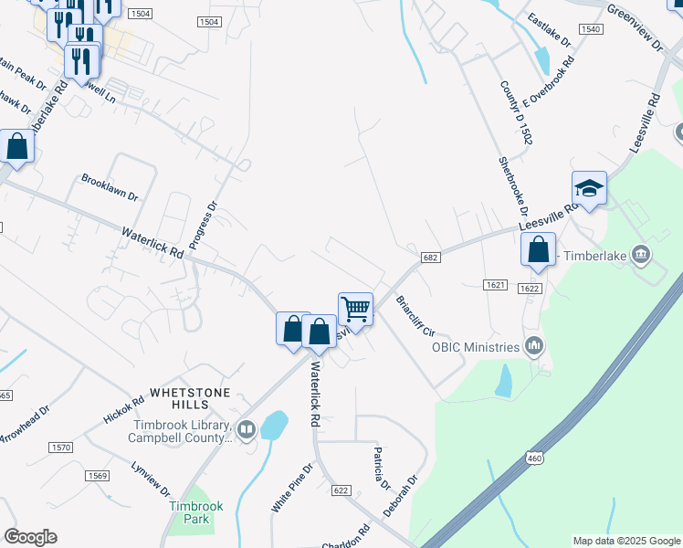 map of restaurants, bars, coffee shops, grocery stores, and more near 126 Melissa Lane in Timberlake