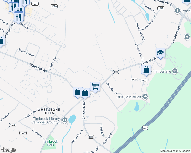 map of restaurants, bars, coffee shops, grocery stores, and more near 19444 Leesville Road in Lynchburg