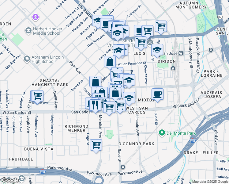map of restaurants, bars, coffee shops, grocery stores, and more near 209 Race Street in San Jose