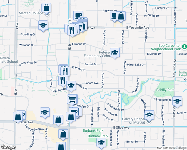 map of restaurants, bars, coffee shops, grocery stores, and more near 430 El Portal Drive in Merced