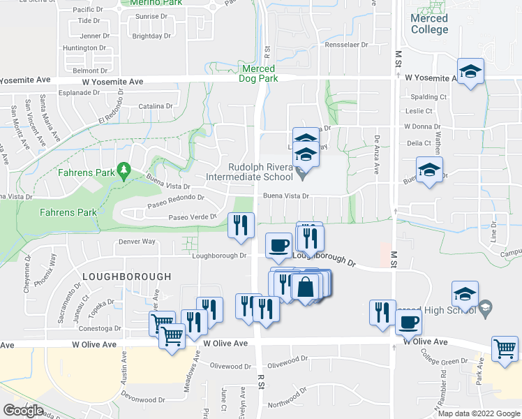 map of restaurants, bars, coffee shops, grocery stores, and more near 3370 R Street in Merced