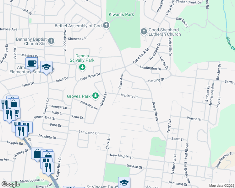 map of restaurants, bars, coffee shops, grocery stores, and more near 844 Clark Avenue in Cape Girardeau