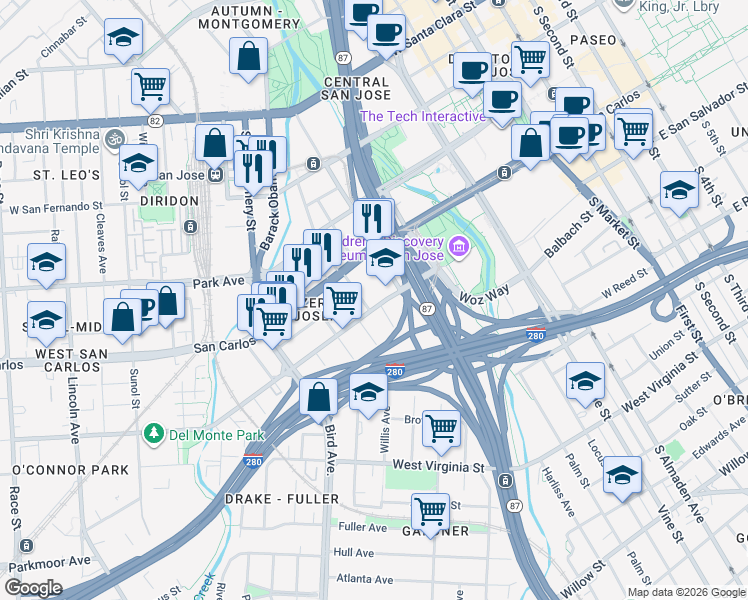 map of restaurants, bars, coffee shops, grocery stores, and more near 378 Gifford Avenue in San Jose