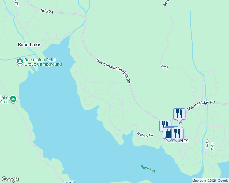 map of restaurants, bars, coffee shops, grocery stores, and more near 53875 Dogwood Creek Drive in Bass Lake