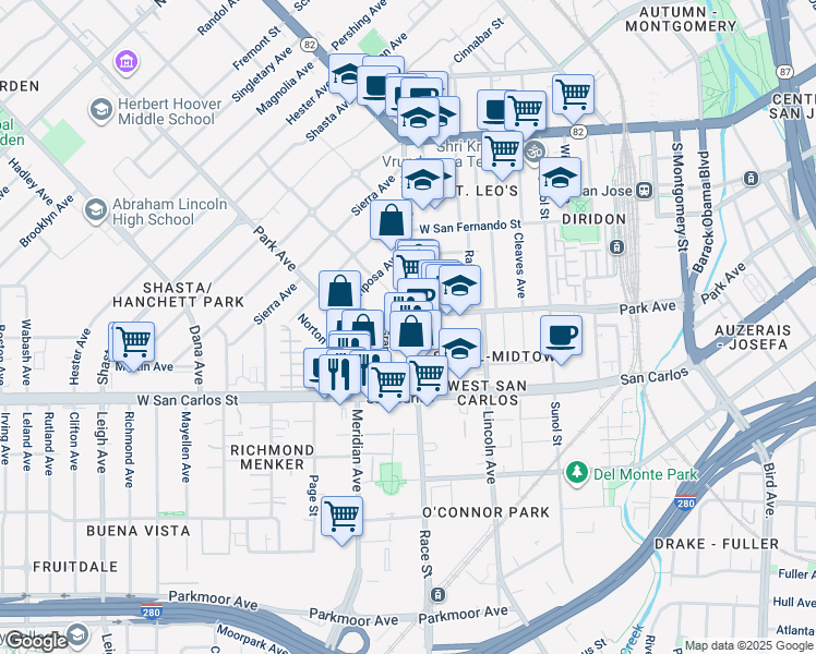 map of restaurants, bars, coffee shops, grocery stores, and more near 209 Race Street in San Jose