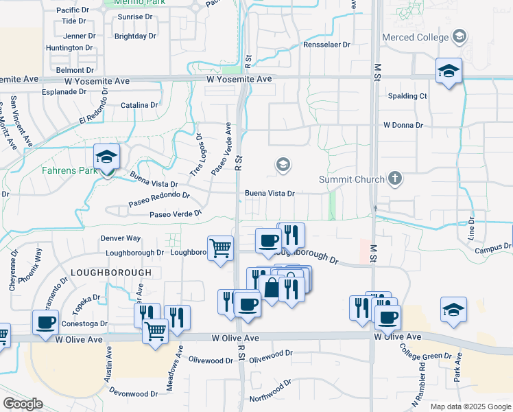 map of restaurants, bars, coffee shops, grocery stores, and more near 3376 San Mateo Court in Merced