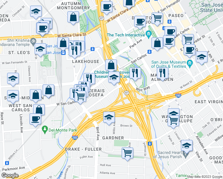 map of restaurants, bars, coffee shops, grocery stores, and more near 445 Auzerais Avenue in San Jose