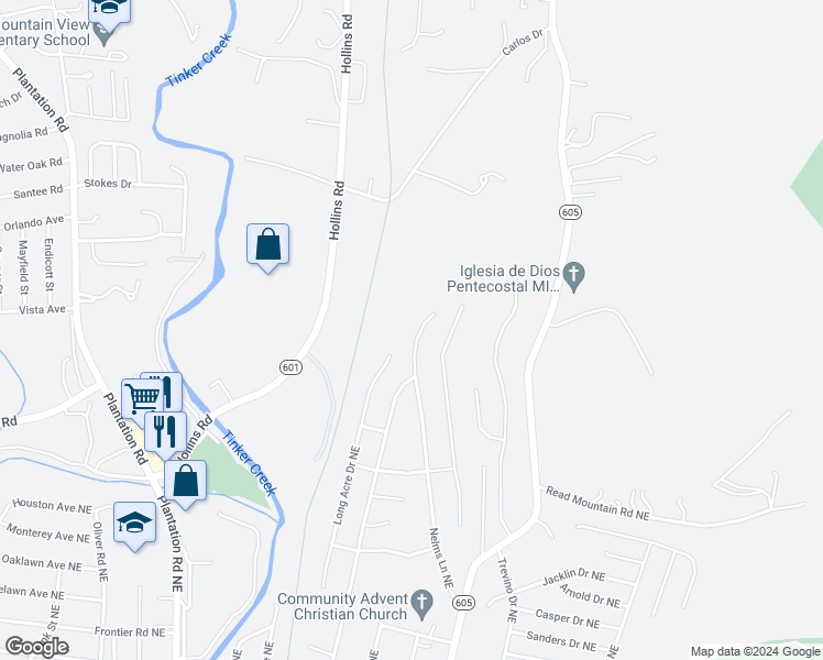 map of restaurants, bars, coffee shops, grocery stores, and more near 4844 Nelms Lane Northeast in Roanoke