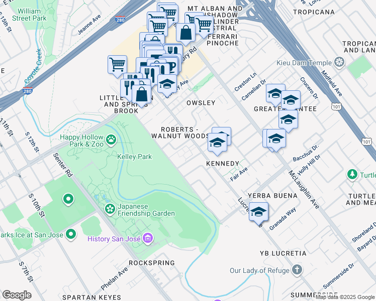 map of restaurants, bars, coffee shops, grocery stores, and more near 1385 Lucretia Avenue in San Jose