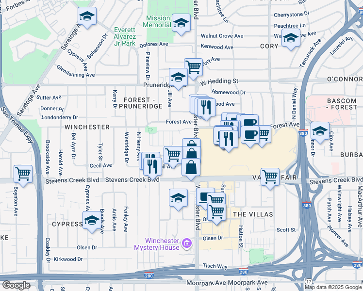 map of restaurants, bars, coffee shops, grocery stores, and more near in Santa Clara County