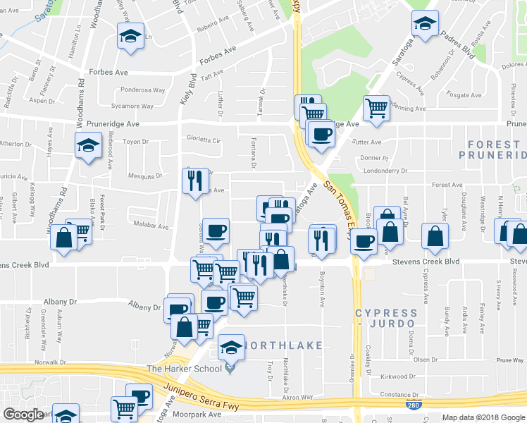 map of restaurants, bars, coffee shops, grocery stores, and more near 2625 Keystone Avenue in Santa Clara