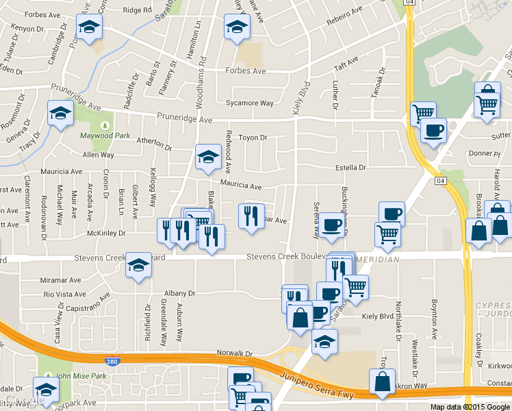 map of restaurants, bars, coffee shops, grocery stores, and more near 2843 Regnart Way in Santa Clara