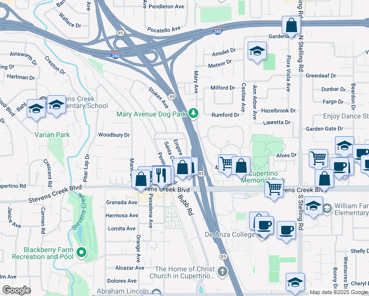 map of restaurants, bars, coffee shops, grocery stores, and more near 10220 Empire Avenue in Cupertino