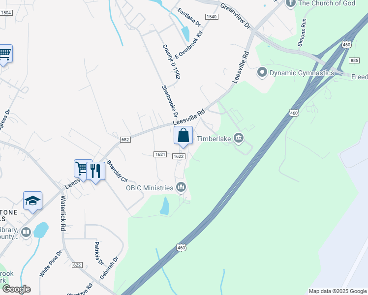map of restaurants, bars, coffee shops, grocery stores, and more near 249 Oak Hill Drive in Lynchburg