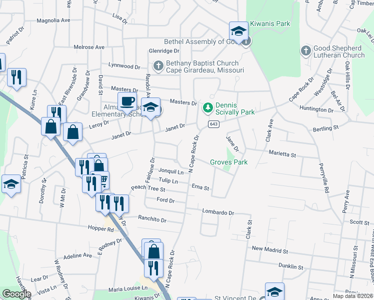 map of restaurants, bars, coffee shops, grocery stores, and more near 1331 North Cape Rock Drive in Cape Girardeau