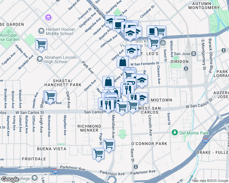 map of restaurants, bars, coffee shops, grocery stores, and more near 1384 Mariposa Avenue in San Jose