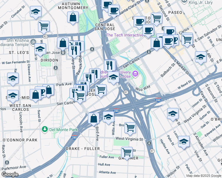 map of restaurants, bars, coffee shops, grocery stores, and more near 445 Auzerais Avenue in San Jose