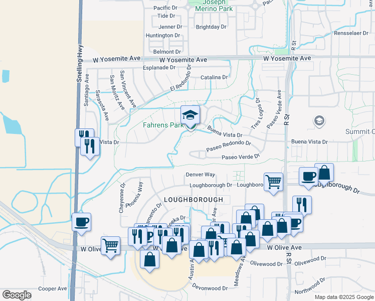 map of restaurants, bars, coffee shops, grocery stores, and more near 1347 Paseo Redondo Drive in Merced