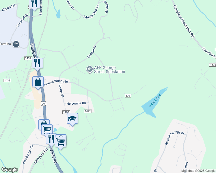 map of restaurants, bars, coffee shops, grocery stores, and more near 124 Willis Drive in Lynchburg