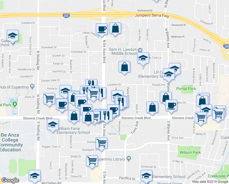 map of restaurants, bars, coffee shops, grocery stores, and more near 10193 Miner Place in Cupertino