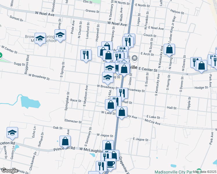 map of restaurants, bars, coffee shops, grocery stores, and more near 127 West Broadway Street in Madisonville
