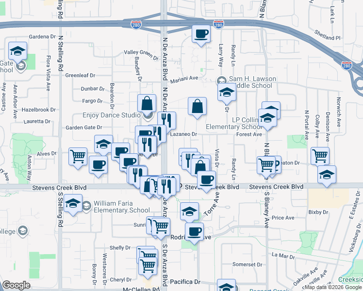 map of restaurants, bars, coffee shops, grocery stores, and more near 10193 Miner Place in Cupertino