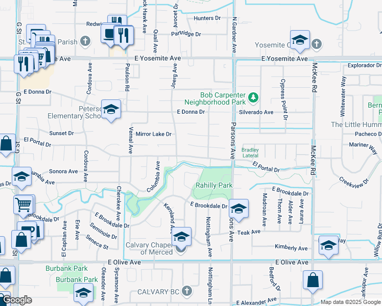 map of restaurants, bars, coffee shops, grocery stores, and more near 1239 El Portal Drive in Merced
