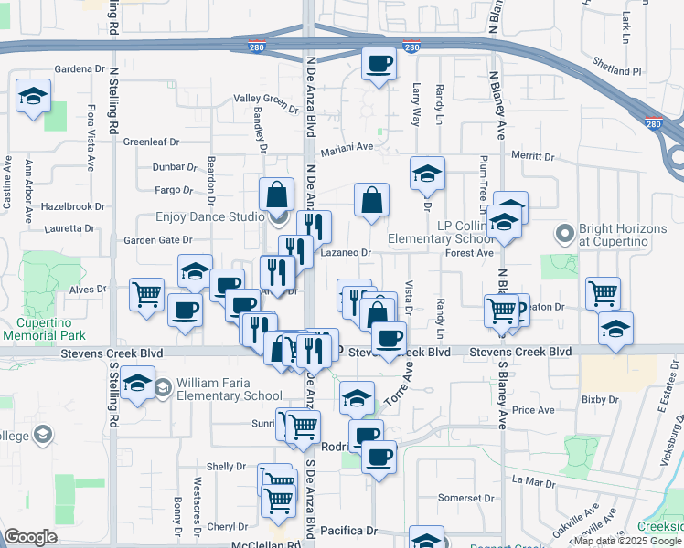 map of restaurants, bars, coffee shops, grocery stores, and more near 10193 Miner Place in Cupertino