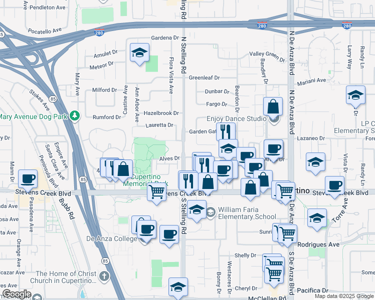 map of restaurants, bars, coffee shops, grocery stores, and more near 10200 North Stelling Road in Cupertino