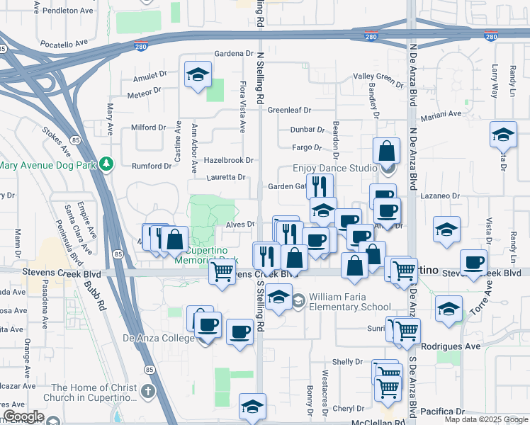 map of restaurants, bars, coffee shops, grocery stores, and more near 10200 North Stelling Road in Cupertino