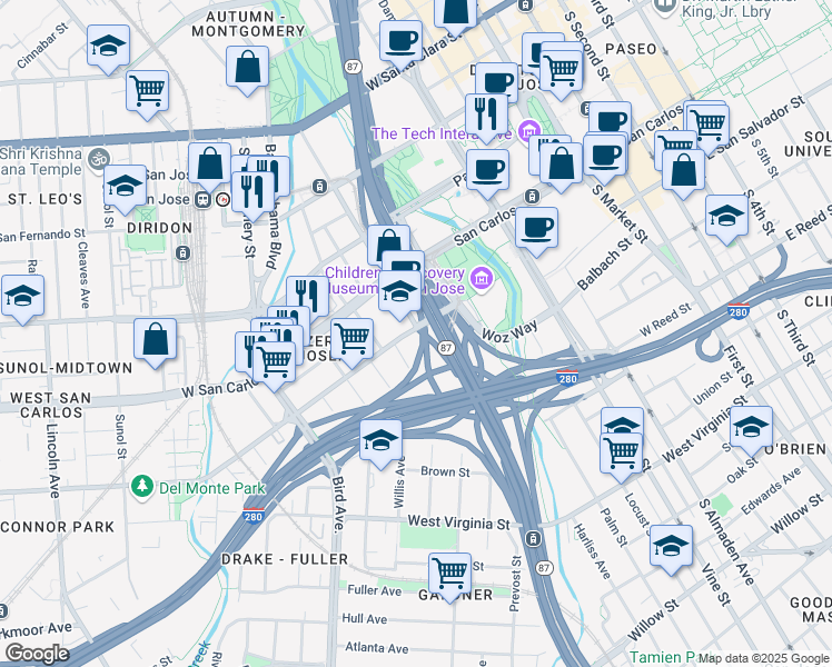 map of restaurants, bars, coffee shops, grocery stores, and more near 402 Auzerais Avenue in San Jose