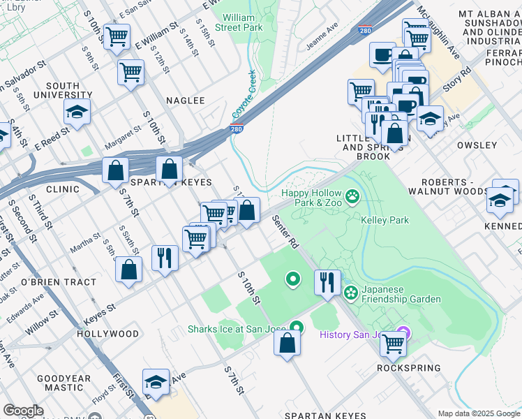 map of restaurants, bars, coffee shops, grocery stores, and more near 1050 South 12th Street in San Jose