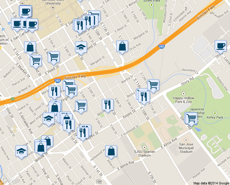 map of restaurants, bars, coffee shops, grocery stores, and more near 925 South 9th Street in San Jose