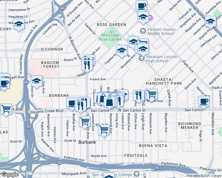 map of restaurants, bars, coffee shops, grocery stores, and more near 135 Brooklyn Avenue in San Jose