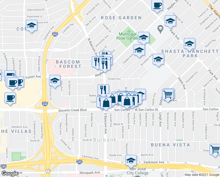 map of restaurants, bars, coffee shops, grocery stores, and more near 148 Topeka Avenue in San Jose