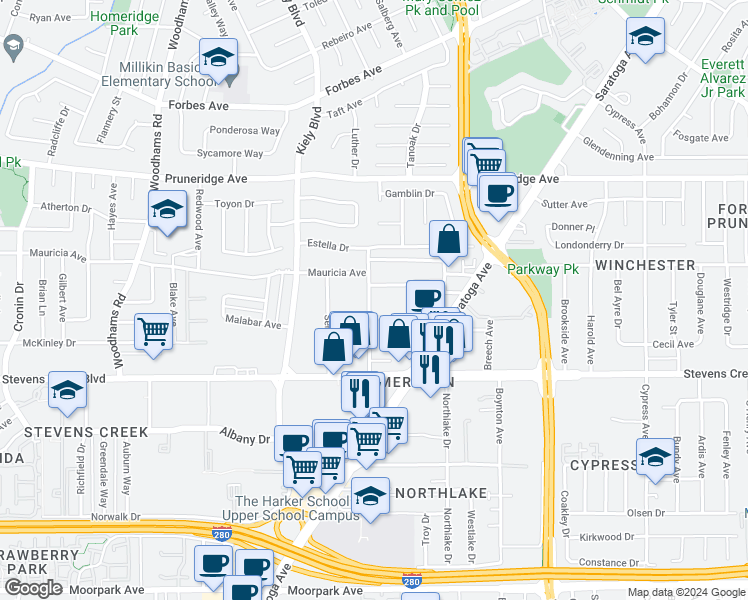 map of restaurants, bars, coffee shops, grocery stores, and more near 18 Buckingham Drive in Santa Clara