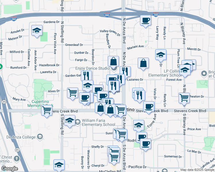 map of restaurants, bars, coffee shops, grocery stores, and more near 20600 Lazaneo Drive in Cupertino