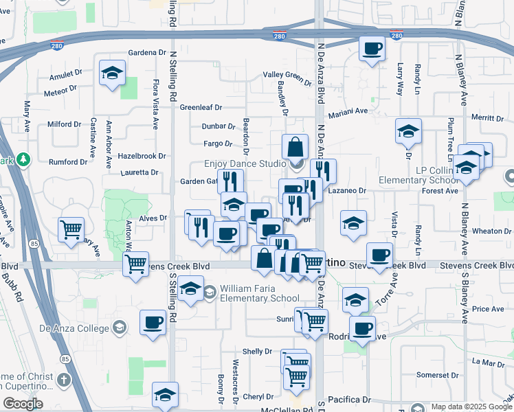 map of restaurants, bars, coffee shops, grocery stores, and more near 20652 Park Circle West in Cupertino