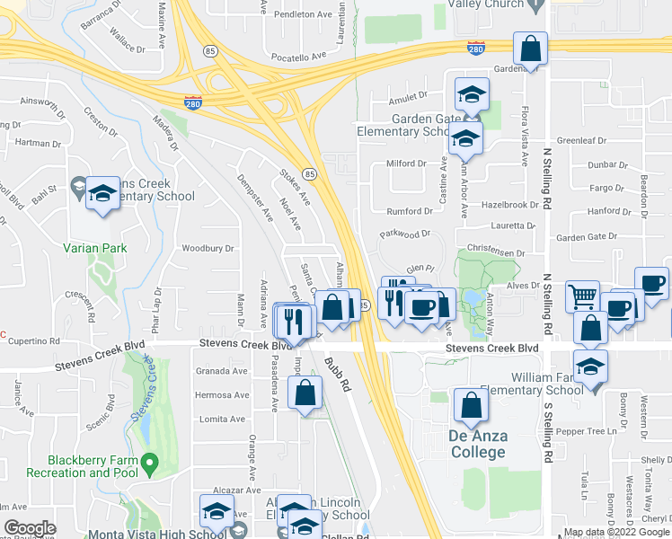 map of restaurants, bars, coffee shops, grocery stores, and more near 10220 Empire Avenue in Cupertino