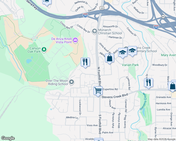map of restaurants, bars, coffee shops, grocery stores, and more near 22625 Salem Avenue in Cupertino