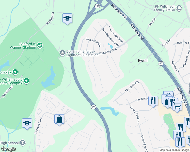 map of restaurants, bars, coffee shops, grocery stores, and more near 4759 Regents Park in Williamsburg