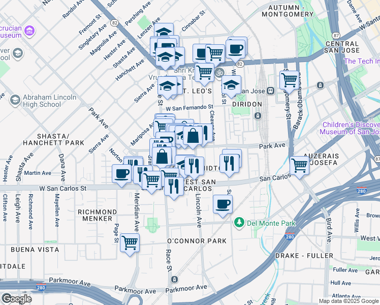 map of restaurants, bars, coffee shops, grocery stores, and more near 1042 Park Avenue in San Jose