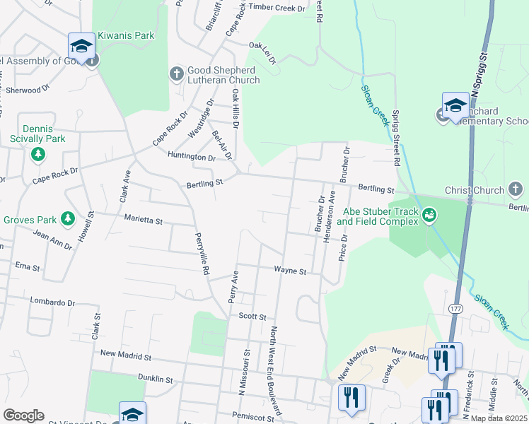 map of restaurants, bars, coffee shops, grocery stores, and more near 1499 Ozark Street in Cape Girardeau