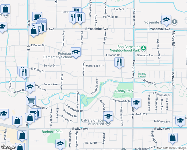 map of restaurants, bars, coffee shops, grocery stores, and more near 1073 El Portal Drive in Merced
