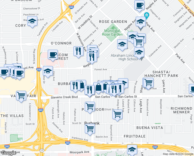 map of restaurants, bars, coffee shops, grocery stores, and more near 125 Topeka Avenue in San Jose