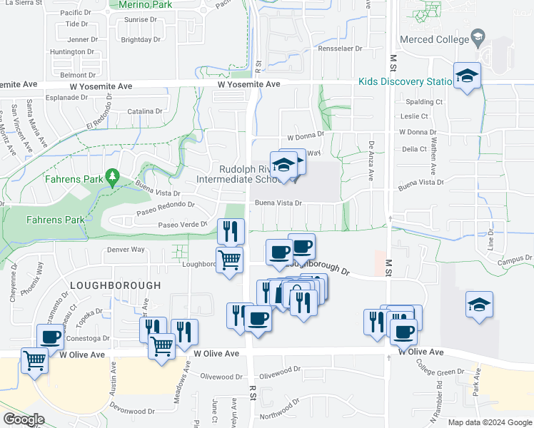 map of restaurants, bars, coffee shops, grocery stores, and more near 3378 San Mateo Court in Merced