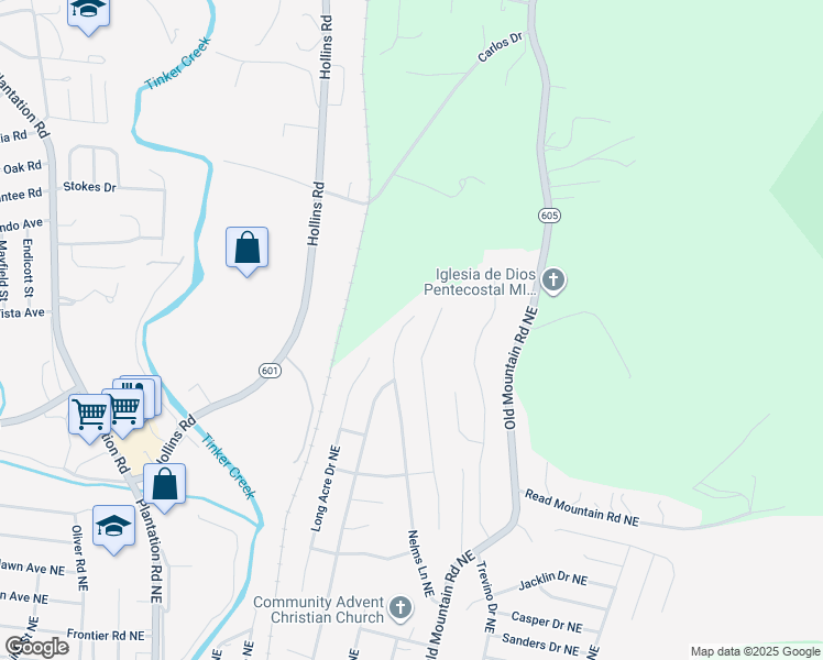 map of restaurants, bars, coffee shops, grocery stores, and more near 4849 Nelms Lane Northeast in Roanoke