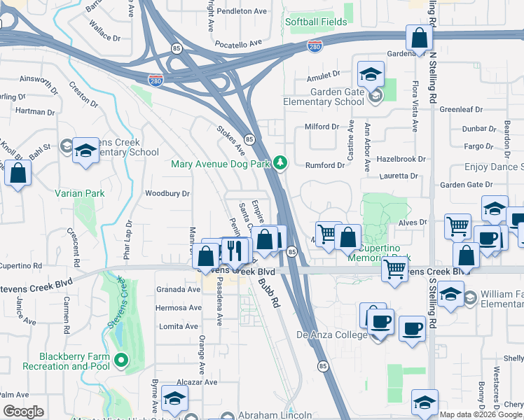 map of restaurants, bars, coffee shops, grocery stores, and more near 10200 Empire Avenue in Cupertino