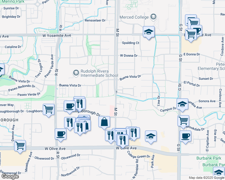 map of restaurants, bars, coffee shops, grocery stores, and more near 3367 M Street in Merced